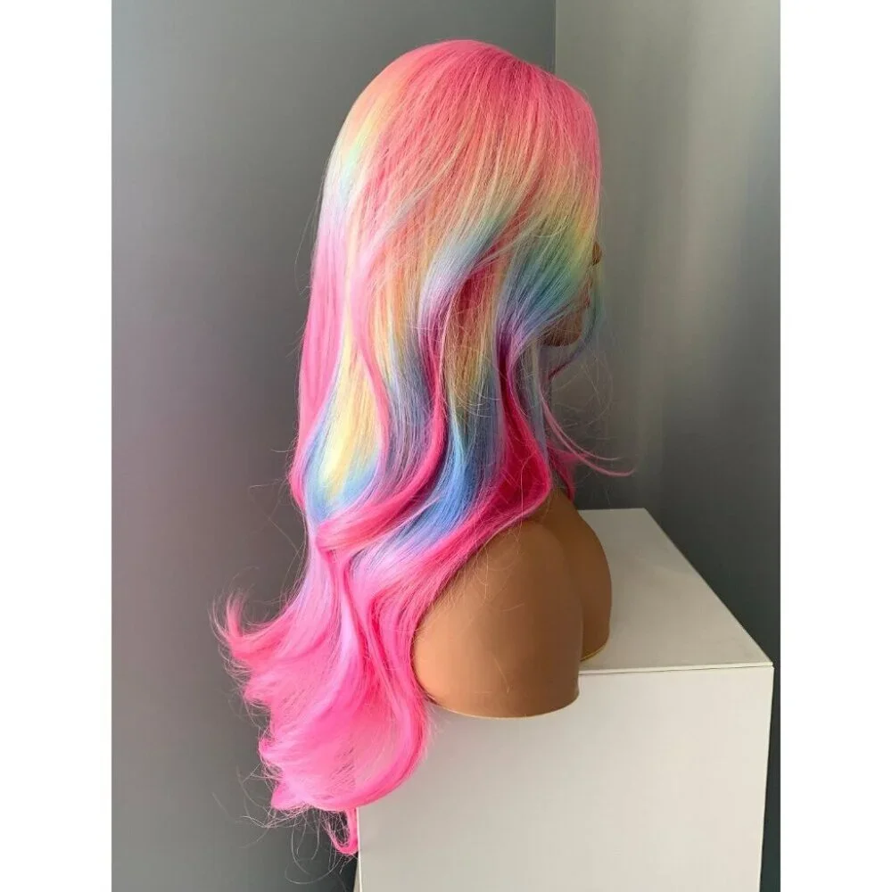 Long Wavy Neon Rainbow Synthetic 26 inch Wig - Picture 3 of 5
